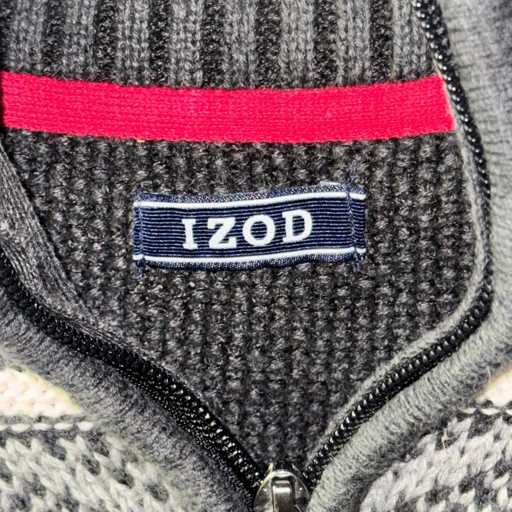 Izod Men’s Fair Isles Sweater Size L Gray 1/4 Zip Pullover Mock Neck Knit Nordic - Picture 3 of 7